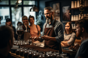 a barista leading a coffee tasting session, engaging customers with different coffee flavors and aromas Generative AI