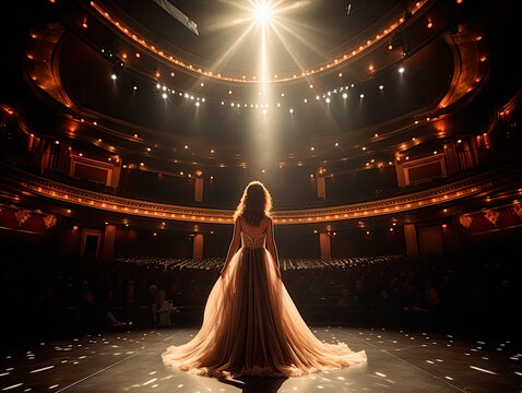 An elegant female model in an evening gown stands on the stage of an opera house