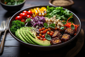a beautifully arranged vegan Buddha bowl, showcasing a colorful and balanced assortment of plant-based ingredients Generative AI