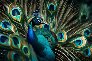 A vibrant peacock proudly displays its iridescent plumage, the sun catching the kaleidoscope of colors against a lush, verdant backdrop.