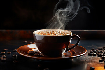 Fototapeta premium An elegant coffee cup placed on a saucer, with steam rising from the freshly brewed coffee Generative AI