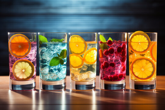a set of colorful juice glasses filled with refreshing fruit juices Generative AI