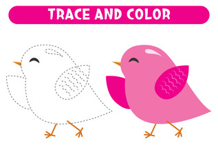 Trace and color cute cartoon pink bird. Worksheet for kids