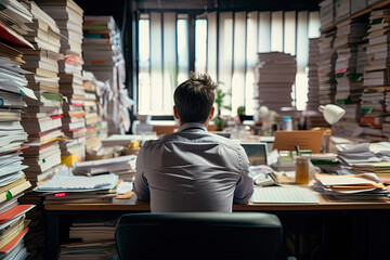 Exhausted man in the office full of folders and work . back view.
