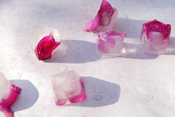 Frozen rose petals ice cubes. Home skin care.
