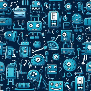 Cute Blue Robots Seamless Pattern - wallpaper - background - tiled
