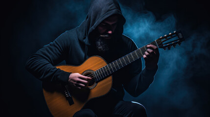 Obraz na płótnie Canvas bearded male musician with acoustic guitar in the dark generative ai