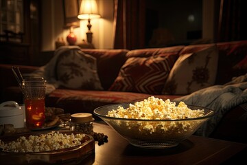 In the background, there is a glass bowl filled with popcorn and a remote control, suggesting that the TV is functioning. It creates a warm and inviting atmosphere, perfect for enjoying a movie or TV