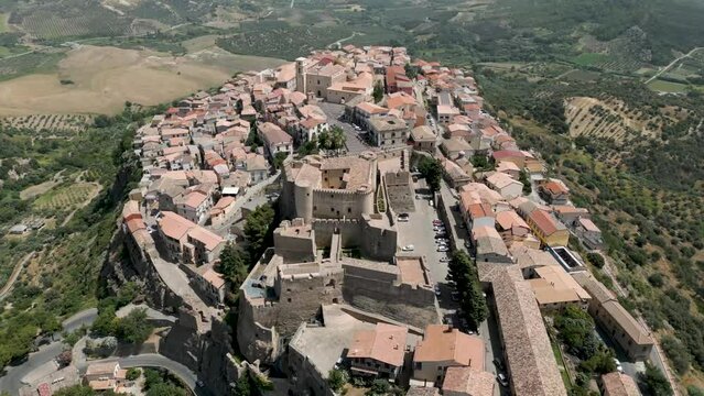Panoramic view of Santa Severina town. This small medieval village in the province of Crotone, in Calabria, is one of the most beautiful villages in Italy.
