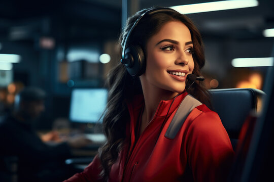 girl call center operator in headphones generative ai