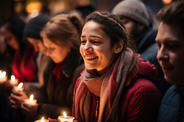 Obraz premium a girl with a candle in her hands prays to the Lord in the church generative ai