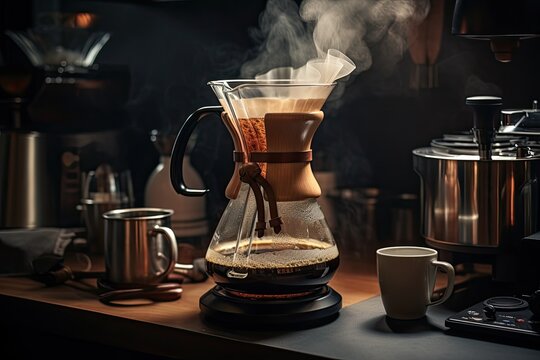 People use coffee making equipment and tools at home kitchens to brew hot coffee that drips into their cups.