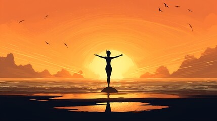 A woman practicing yoga at sunrise on a beach
