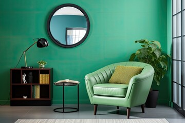 In the living room, there is a green armchair positioned against a blue wall. Adjacent to the armchair, there is a round mirror hanging on the wall. The interior design also includes a white wall