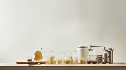 Minimalistic, Scandinavian style image of a homebrew kit neatly arranged on a light wood table, soft natural light, neutral palette, clean lines