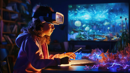 A photo of a young artist wearing a VR headset, fully immersed in a virtual world as they create digital art