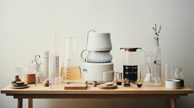 Minimalistic, Scandinavian style image of a homebrew kit neatly arranged on a light wood table, soft natural light, neutral palette, clean lines