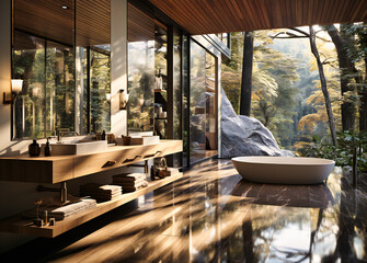 a modern looking bathroom with a view of a pool