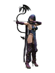 Fototapeta premium Fantasy elf archer woman aiming an arrow from her bow with a dragon carving. .Isolated 3D illustration.