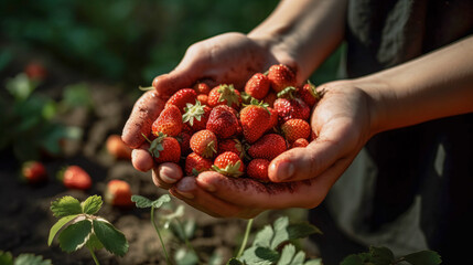 Strawberries holding in hands, created with Generative AI technology.