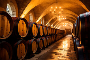  Vintage wine cellar with old oak barrels, production of fortified dry or sweet tasty marsala wine