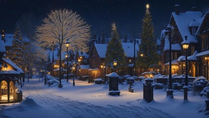 Snowy christmas town by night. Village with American traditional christmas decoration. Generative AI.