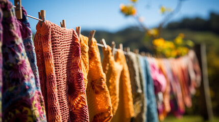 A gentle breeze blowing through a clothesline, showcasing colorful knit garments fluttering in the wind 
