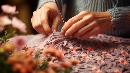 A macro shot of skilled hands knitting a delicate lace pattern with fine yarn 