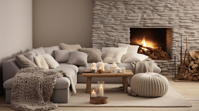 A warm and inviting living room adorned with knit blankets and cushions 