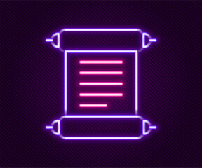 Glowing neon line Decree, paper, parchment, scroll icon icon isolated on black background. Colorful outline concept. Vector