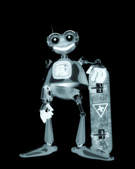vintage robot is on the skate in a white background