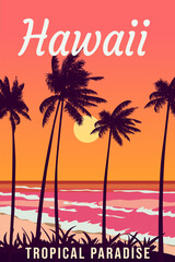 Hawaii vintage travel poster. Sunset beach
