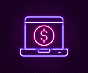 Glowing neon line Laptop with dollar icon isolated on black background. Sending money around the world, money transfer, online banking, financial transaction. Colorful outline concept. Vector