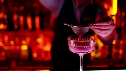 Barman making a cocktail with white sparkling wine at the bar at night with red neon lights, slow motion - Powered by Adobe