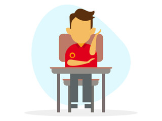 Child sitting at his desk raises his hand to ask for the floor, is a basic or elementary school student, and is in the return to school