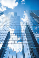 Fototapeta na wymiar Reflective skyscrapers, business office buildings. Low angle photography of glass curtain wall details of high-rise buildings.The window glass reflects the blue sky and white clouds. High quality