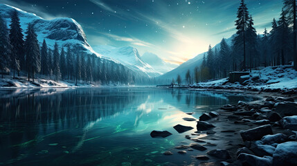 Northern lights, aurora borealis in the night sky over frozen lake - obrazy, fototapety, plakaty