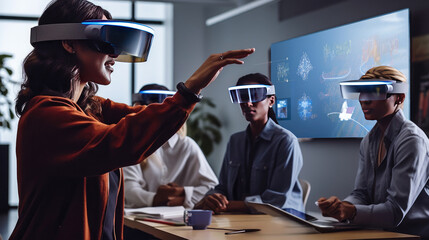 Group of students wearing VR goggles in class. Photo of a diverse group of students participating in a virtual class, engaging with AR educational content