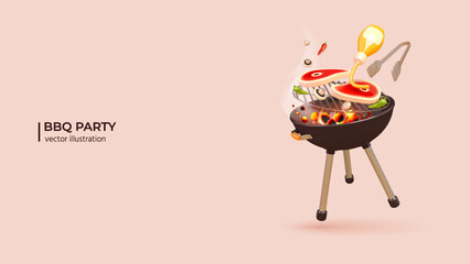 3d Realistic BBQ Grill. Realistic 3d design of Grill cooking with Flames, Steak and Vegetables. Ultra realistic summer party picnic in park with grill. Vector illustration in cartoon minimal style.