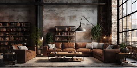 Fototapeta na wymiar Living room interior in loft industrial style 3d rend