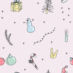 New Year hand drawn seamless pattern with snowman, gifts, bunny and snow - on light pink background