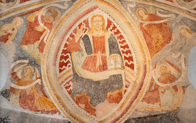 BONDO, SWITZERLAND - JULY 21, 2022: The fresco of Jesus the Teacher in main apse of the St. Martins...