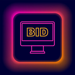 Glowing neon line Online auction icon isolated on black background. Bid sign. Auction bidding. Sale and buyers. Colorful outline concept. Vector