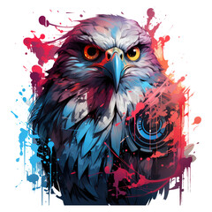 A futuristic owl t-shirt design set in a bustling metropolis of the future, where the owl is depicted with cybernetic enhancements and neon accents, Generative Ai