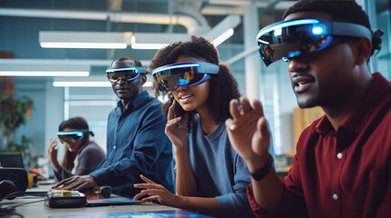 Group of students wearing VR goggles in class. Photo of a diverse group of students participating in a virtual class, engaging with AR educational content