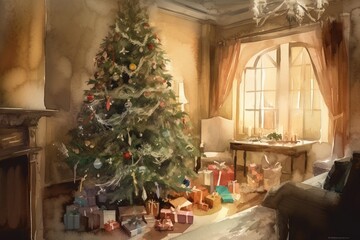 Fototapeta na wymiar Christmas tree and presents in the room, winter, holiday, Merry Christmass, watercolor illustration.