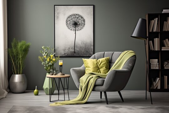In the living room interior, there is a green armchair placed between a dandelion and a plant. The room also has some empty space for additional objects or decorations. Additionally, there is a