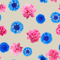 Seamless pattern of pink peony and blue cornflower flowers on beige background