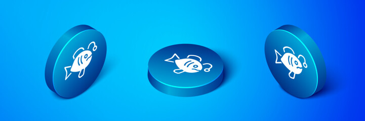 Isometric Tropical fish icon isolated on blue background. Exotic fish. Blue circle button. Vector