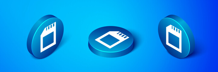 Isometric SD card icon isolated on blue background. Memory card. Adapter icon. Blue circle button. Vector